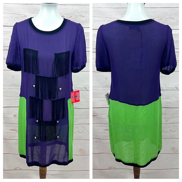 NWT Asos x Louise Gray London UK Sheer Colorblock Mod Fringe Silk Shift Dress - Picture 5 of 16